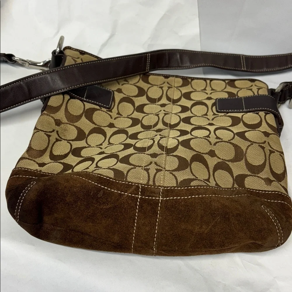 Coach Signature Fabric And Suede Slim Duffle Shoulder Bag Brown Color